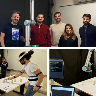 Three photos in a collage: 1. Five people (four men and one woman) standing and smiling into the camera. They are standing in a robotic laboratory in front of a black background and a white board. In the middle there is a robotic arm. From left to right: A man with grey-black short hair and a grey-black beard in a black T-shirt with a retangle in blue with white stripes has his left hand on the robotics arm. Next to him is a man with black short hair and beard in a wine red sweater with a zip. Next to him is a man in a beige sweater and black hair with some strains falling into his front and a beard. Next to him there is a woman in a black pullover and brown shoulder long hair. Next to her standing against the white board is a man in a black sweater jacket with a full black beard and short black hair. Two pictures under the first one: Basically similar, with two persons standing in the lab doing an experiment. One man in a white T-shirt with a belt equipment and VR glasses grabbing an object on the table. In the second image he has no VR glasses, but he is grabbing the robotic arm and making it grab a different object on the table. In the background there is a woman with brown shoulder long hair and in a black sweater writing down something and observing closely the movements of the man. This scene is monitored by a man in a wine red sweater behind two monitors.